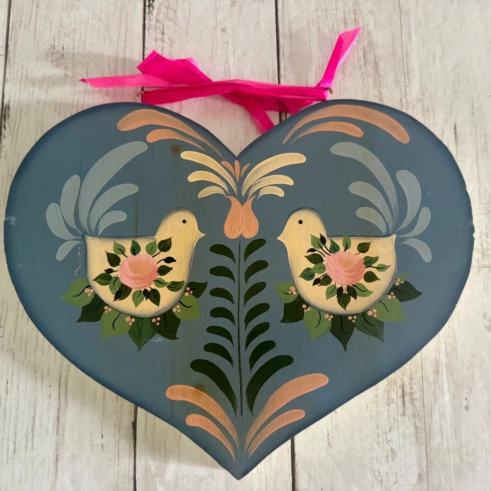 Vintage Hand Painted Wood Heart Wall Hanging Folk Art Birds Roses Reversible 11